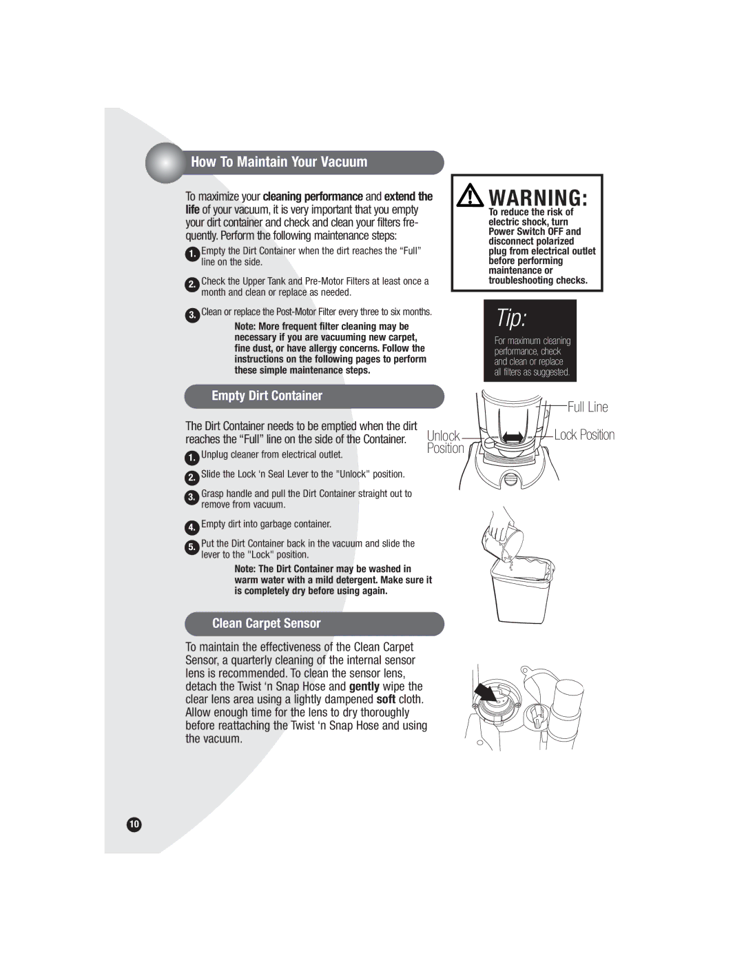 Bissell 3594, 6590 warranty How To Maintain Your Vacuum, Empty Dirt Container 