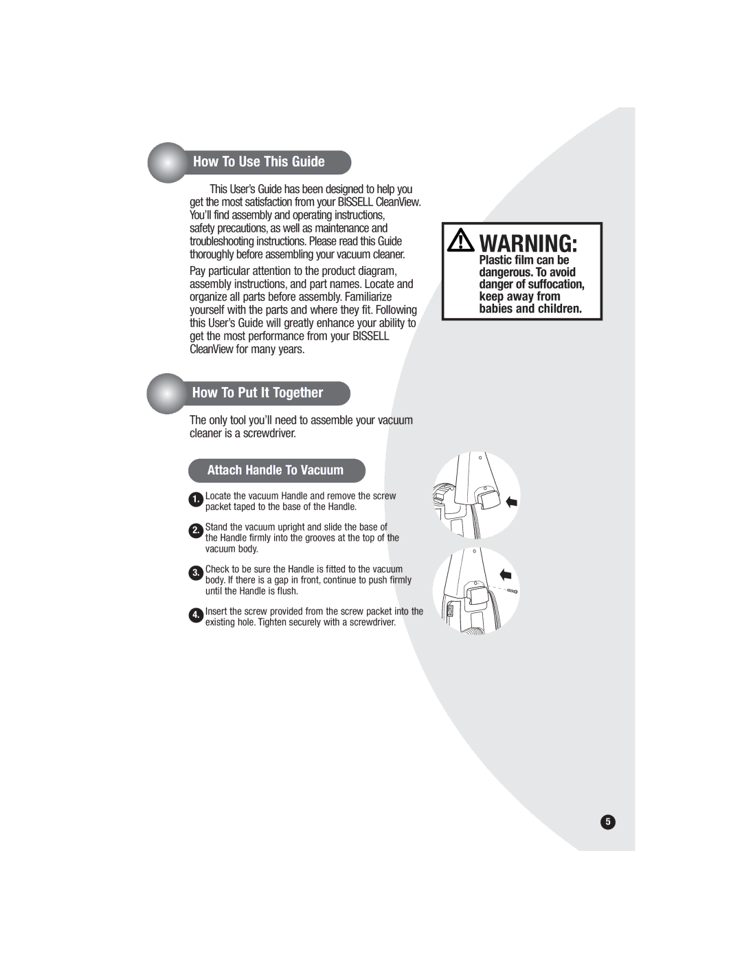 Bissell 6590, 3594 warranty How To Use This Guide, How To Put It Together, Attach Handle To Vacuum 