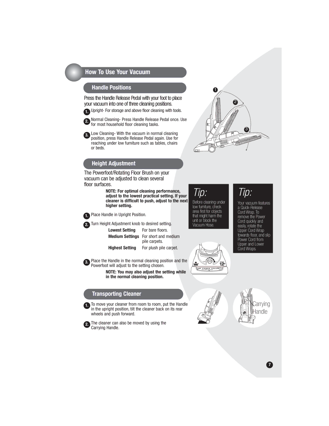 Bissell 6590, 3594 warranty How To Use Your Vacuum, Handle Positions, Height Adjustment, Transporting Cleaner 