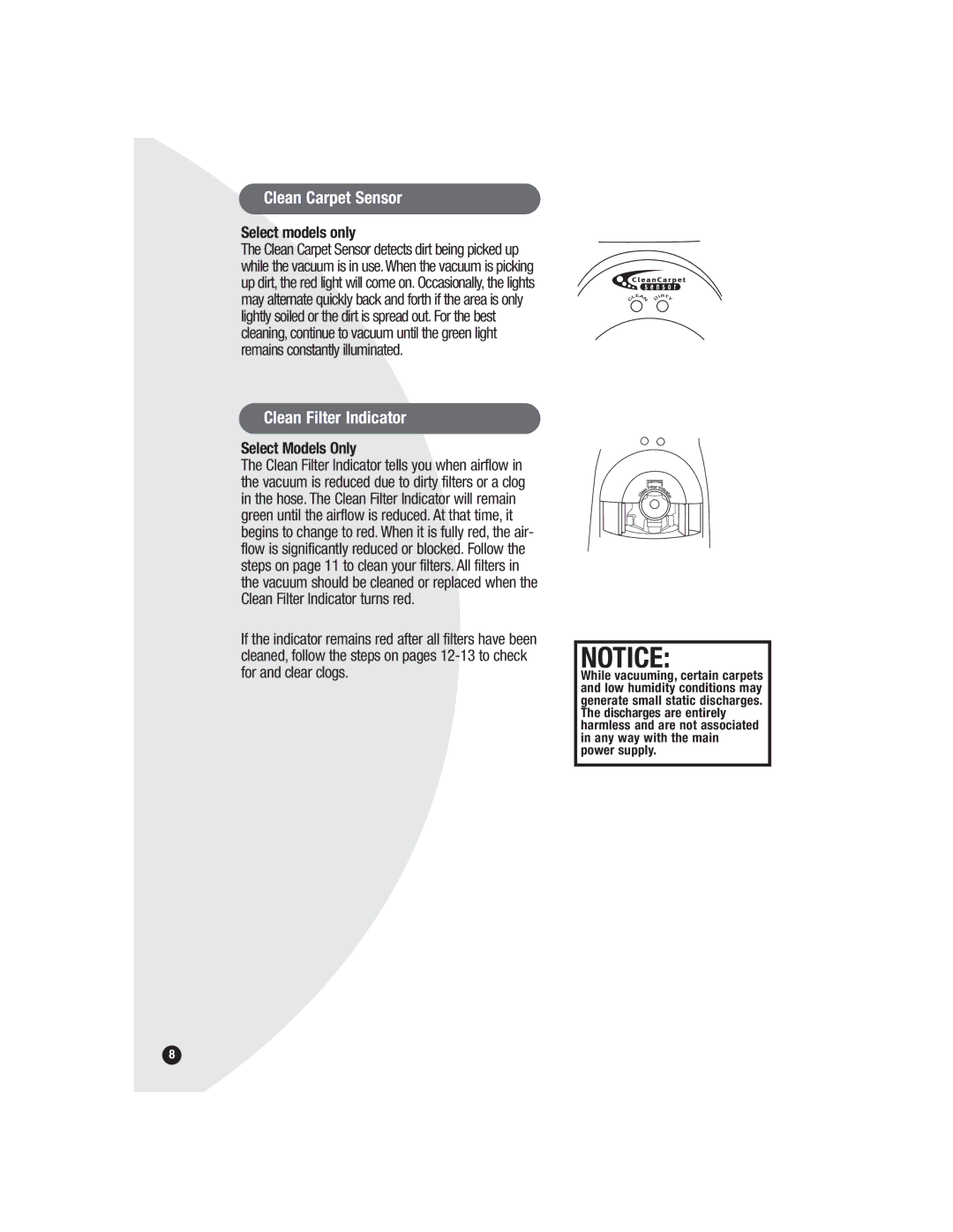 Bissell 3594, 6590 warranty Clean Carpet Sensor, Clean Filter Indicator 