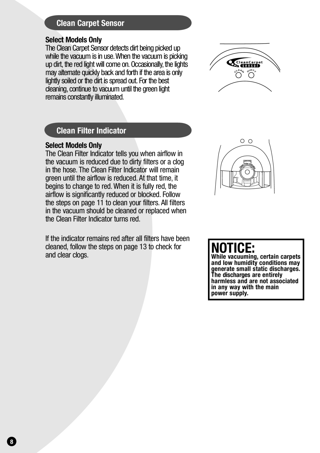 Bissell 3596, 3595 warranty Clean Carpet Sensor, Clean Filter Indicator 