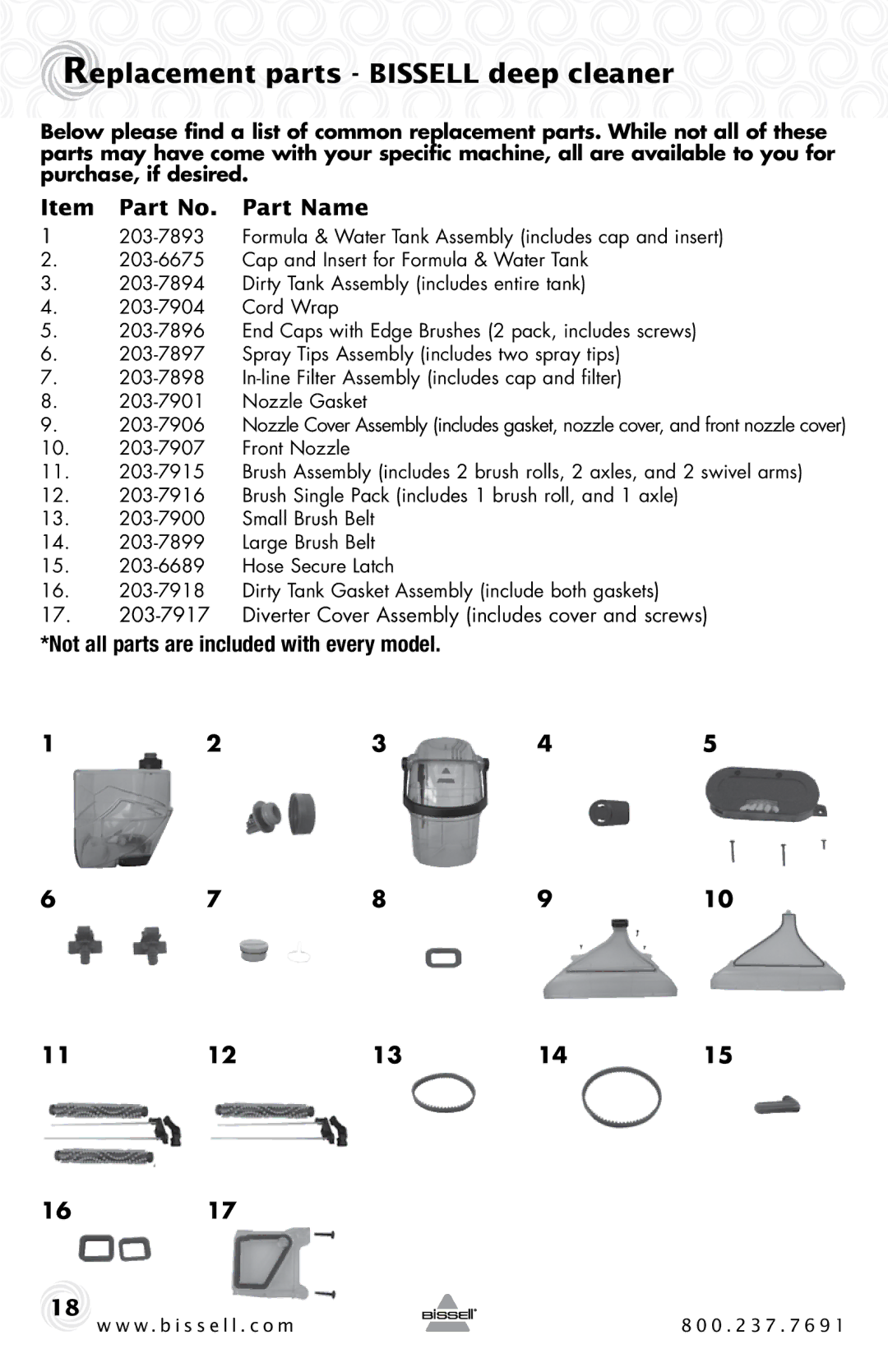 Bissell 27F6 Replacement parts Bissell deep cleaner, Item Part No. Part Name, Not all parts are included with every model 