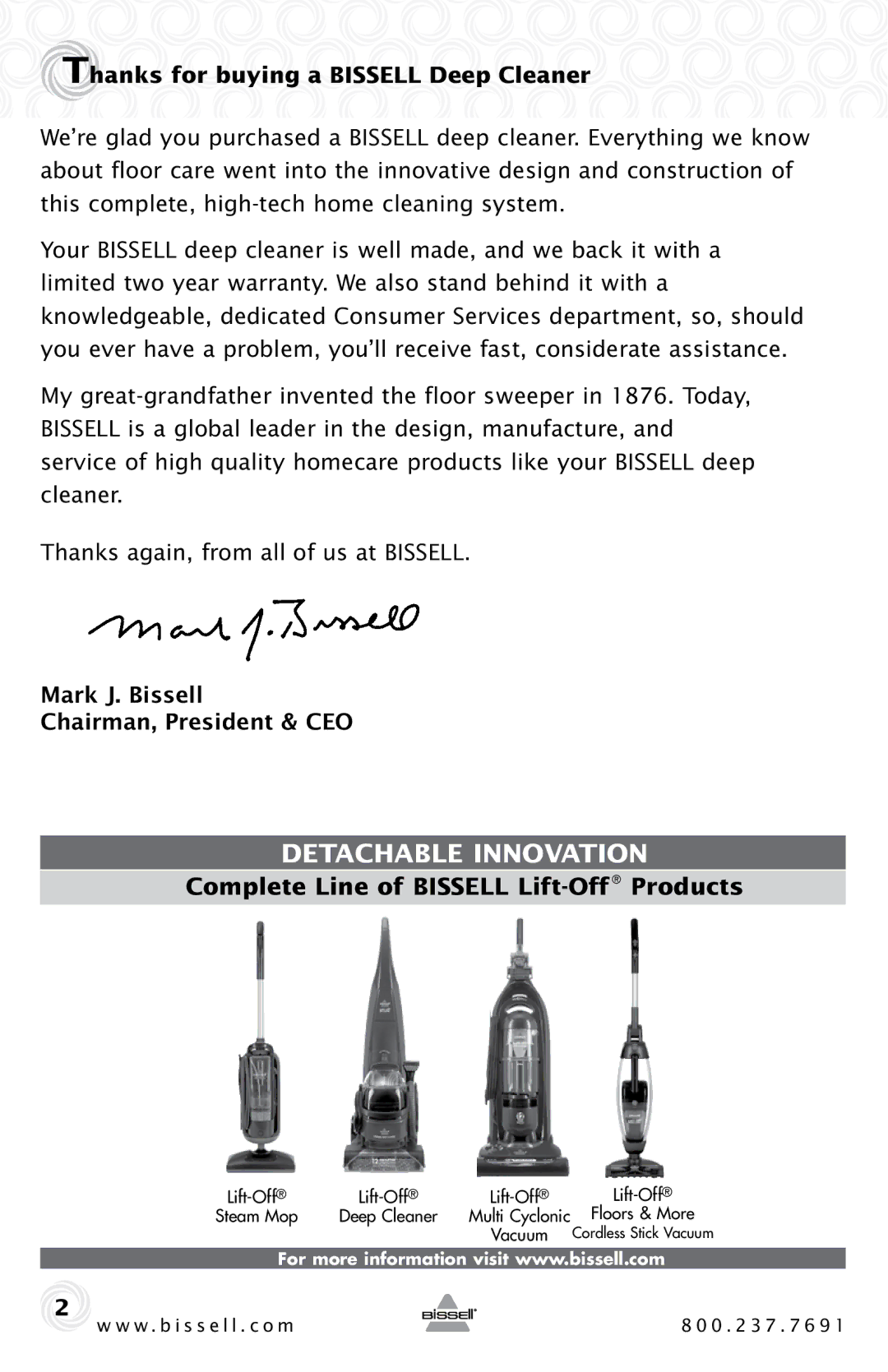 Bissell 27F6, 35K3, 94Y2, 73H5 warranty Detachable Innovation, Thanks for buying a Bissell Deep Cleaner 