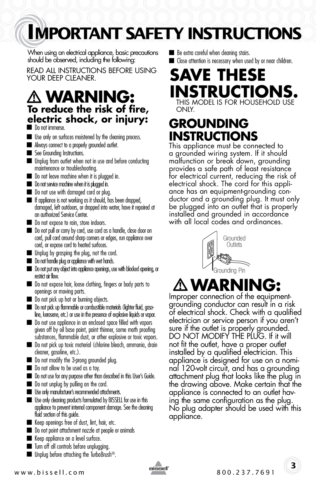 Bissell 73H5, 35K3, 94Y2, 27F6 warranty Important Safety Instructions, To reduce the risk of fire, electric shock, or injury 