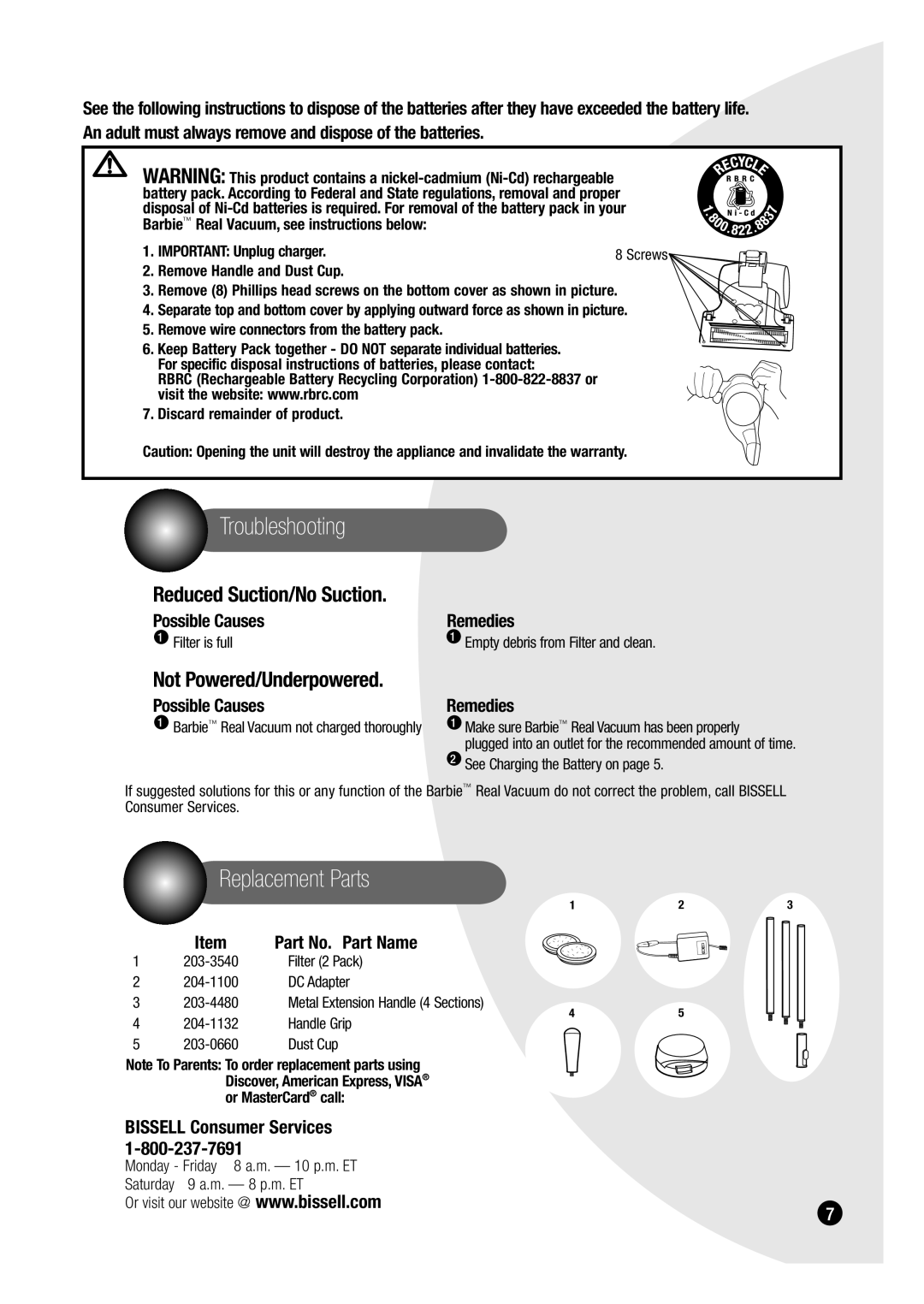 Bissell 3600 warranty Troubleshooting, Replacement Parts 