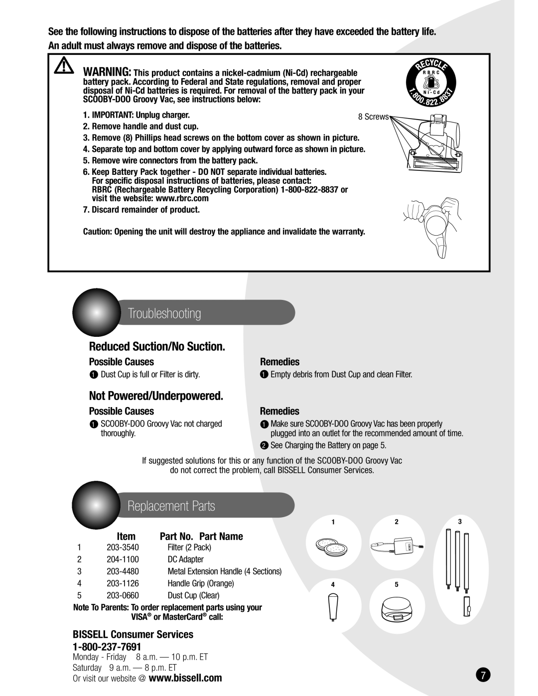 Bissell 3601 warranty Troubleshooting, Replacement Parts 