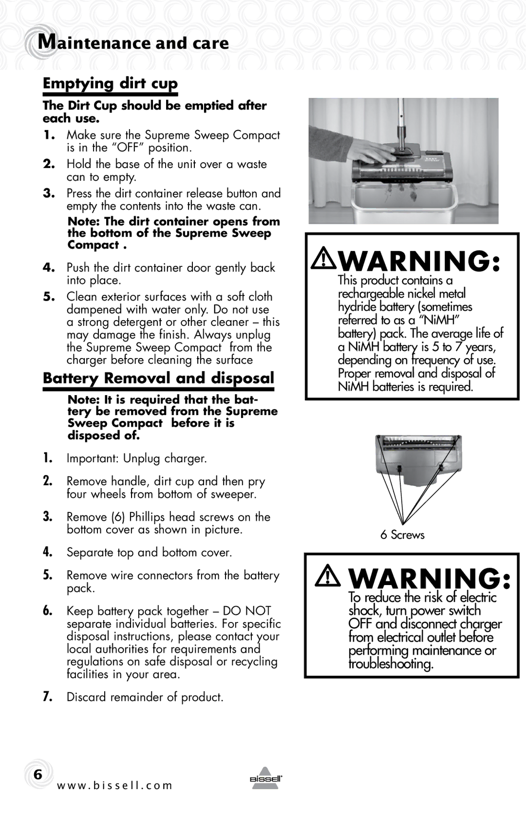 Bissell 36U3 warranty Maintenance and care, Emptying dirt cup, Battery Removal and disposal 