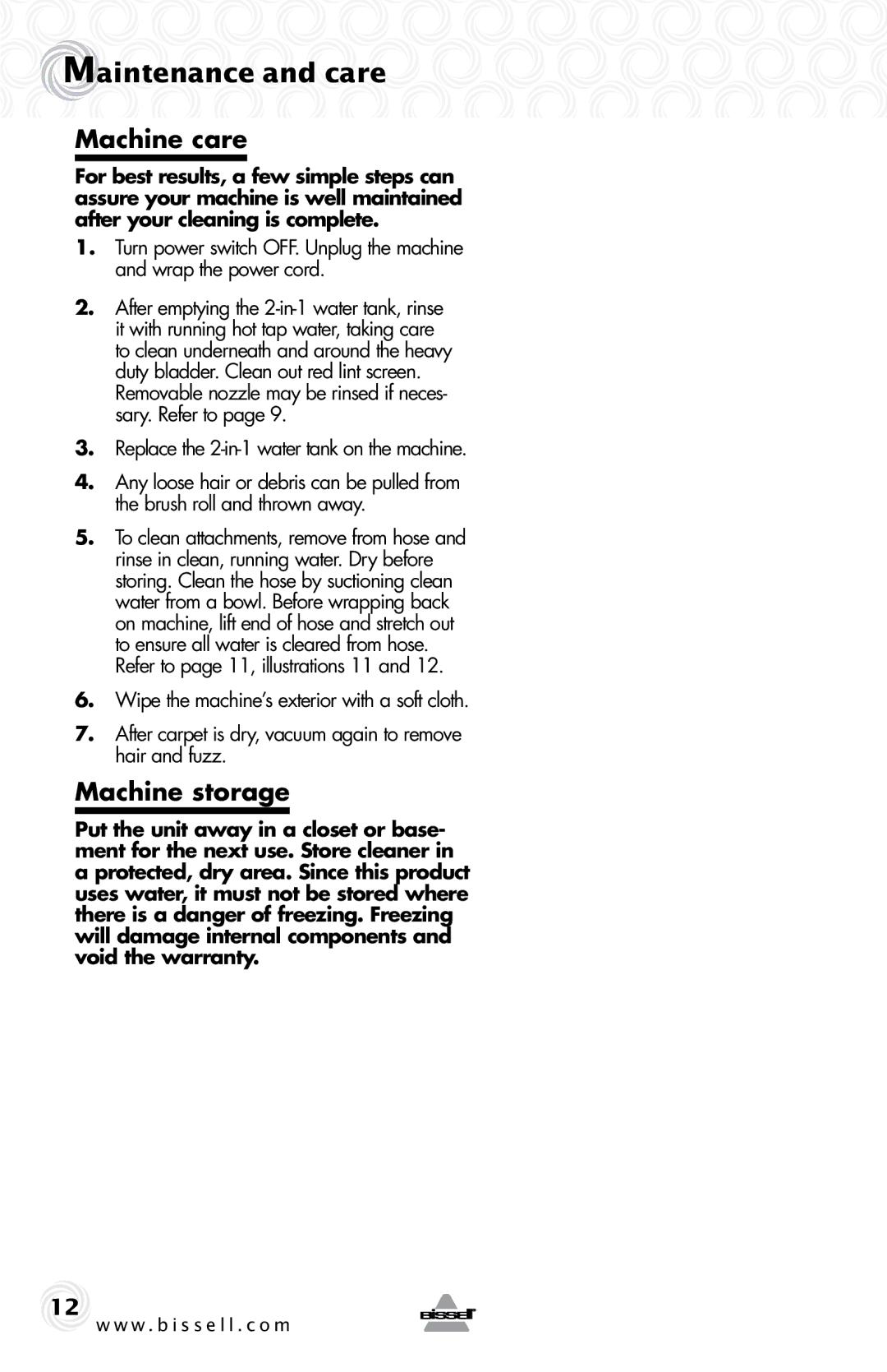 Bissell 37000 warranty Maintenance and care, Machine care, Machine storage 