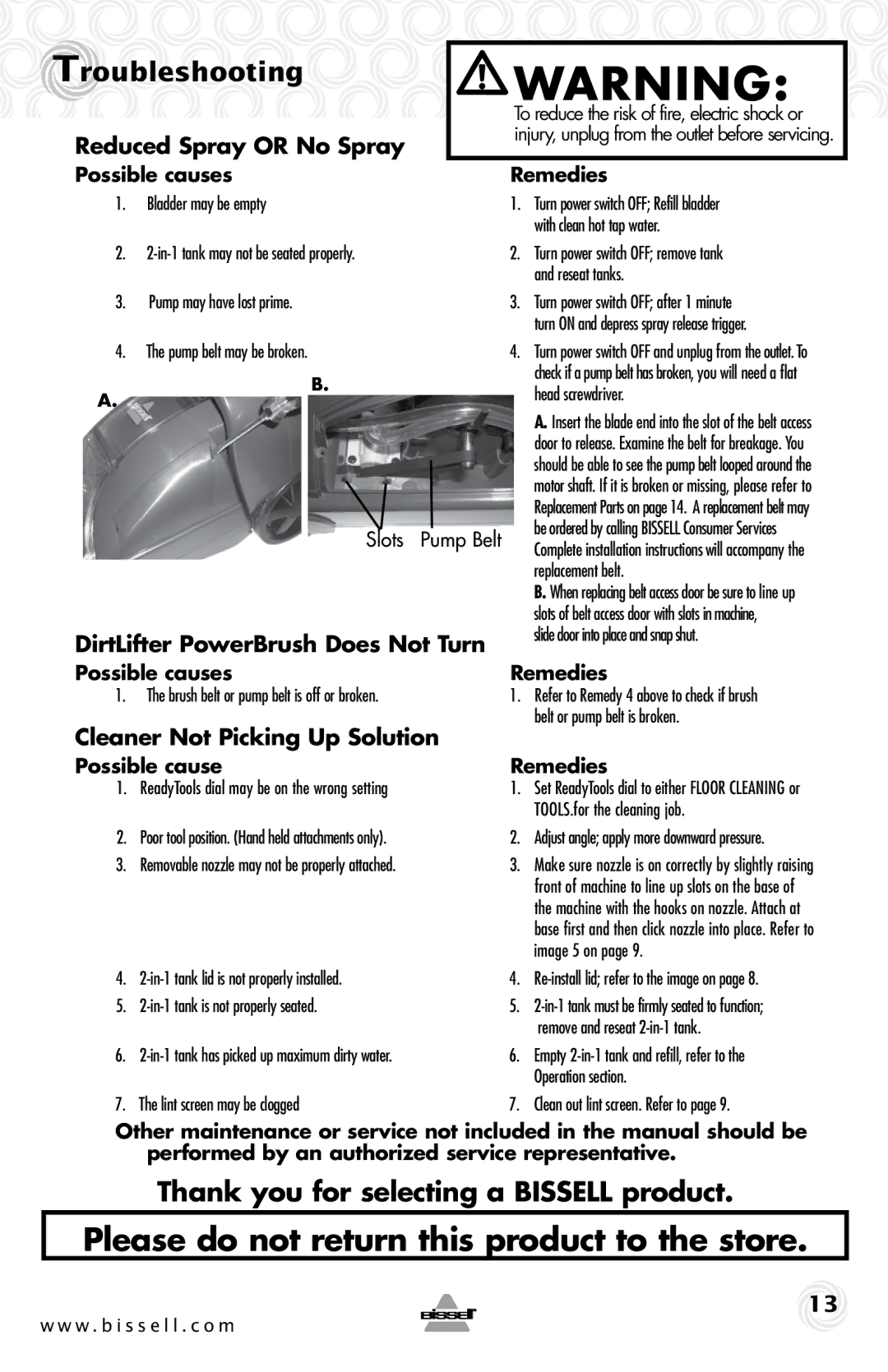 Bissell 37000 warranty Troubleshooting, Thank you for selecting a Bissell product, Reduced Spray or No Spray 