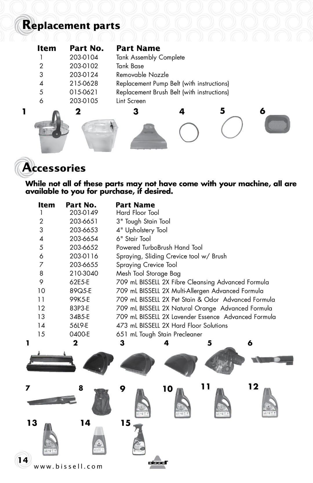 Bissell 37000 warranty Replacement parts, Accessories, Part Name, 13 14 