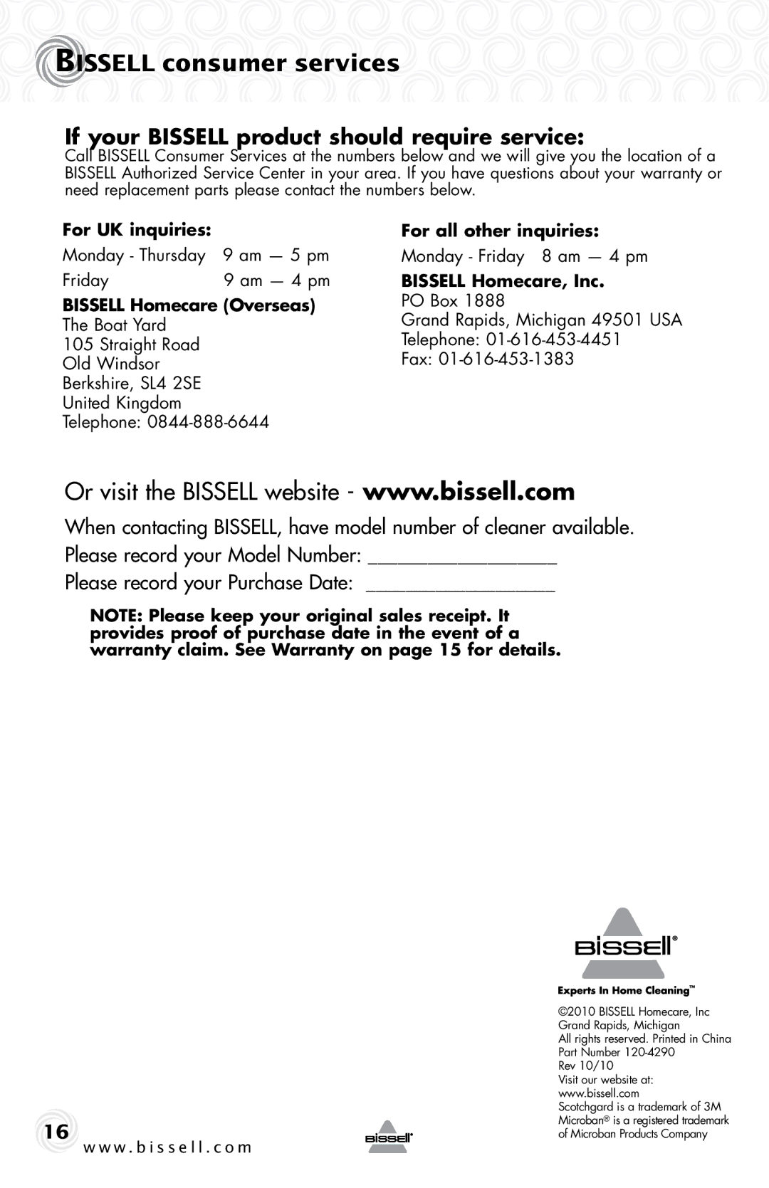 Bissell 37000 warranty Bissell consumer services, If your Bissell product should require service 