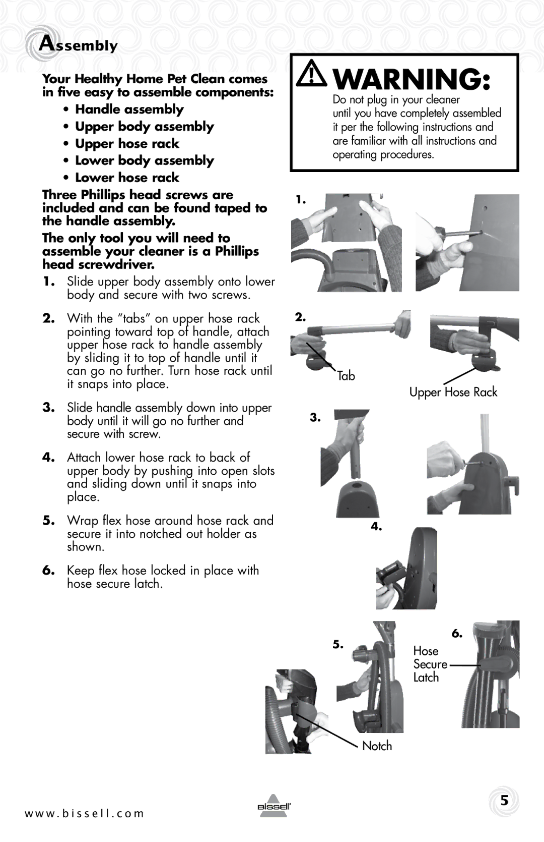 Bissell 37000 warranty Assembly, Tab Upper Hose Rack Secure Latch Notch 