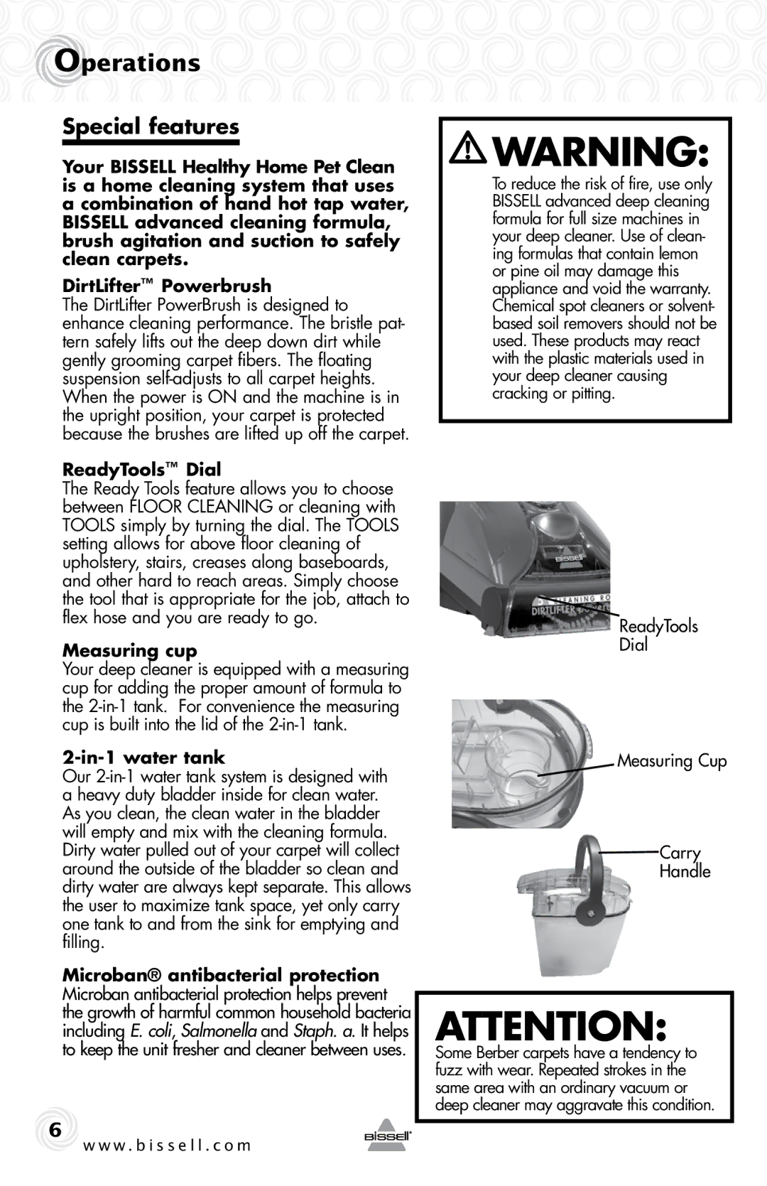 Bissell 37000 warranty Operations, Special features, ReadyTools Dial, Measuring cup, In-1 water tank 