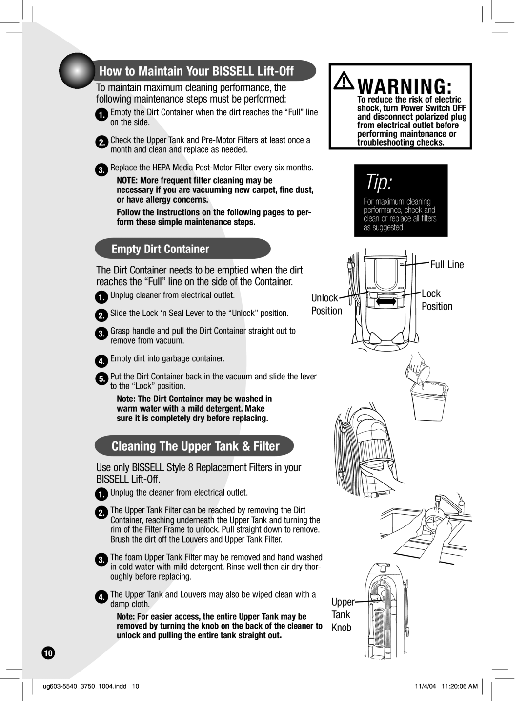 Bissell 3750, 6595, 6801 How to Maintain Your Bissell Lift-Off, Cleaning The Upper Tank & Filter, Empty Dirt Container 