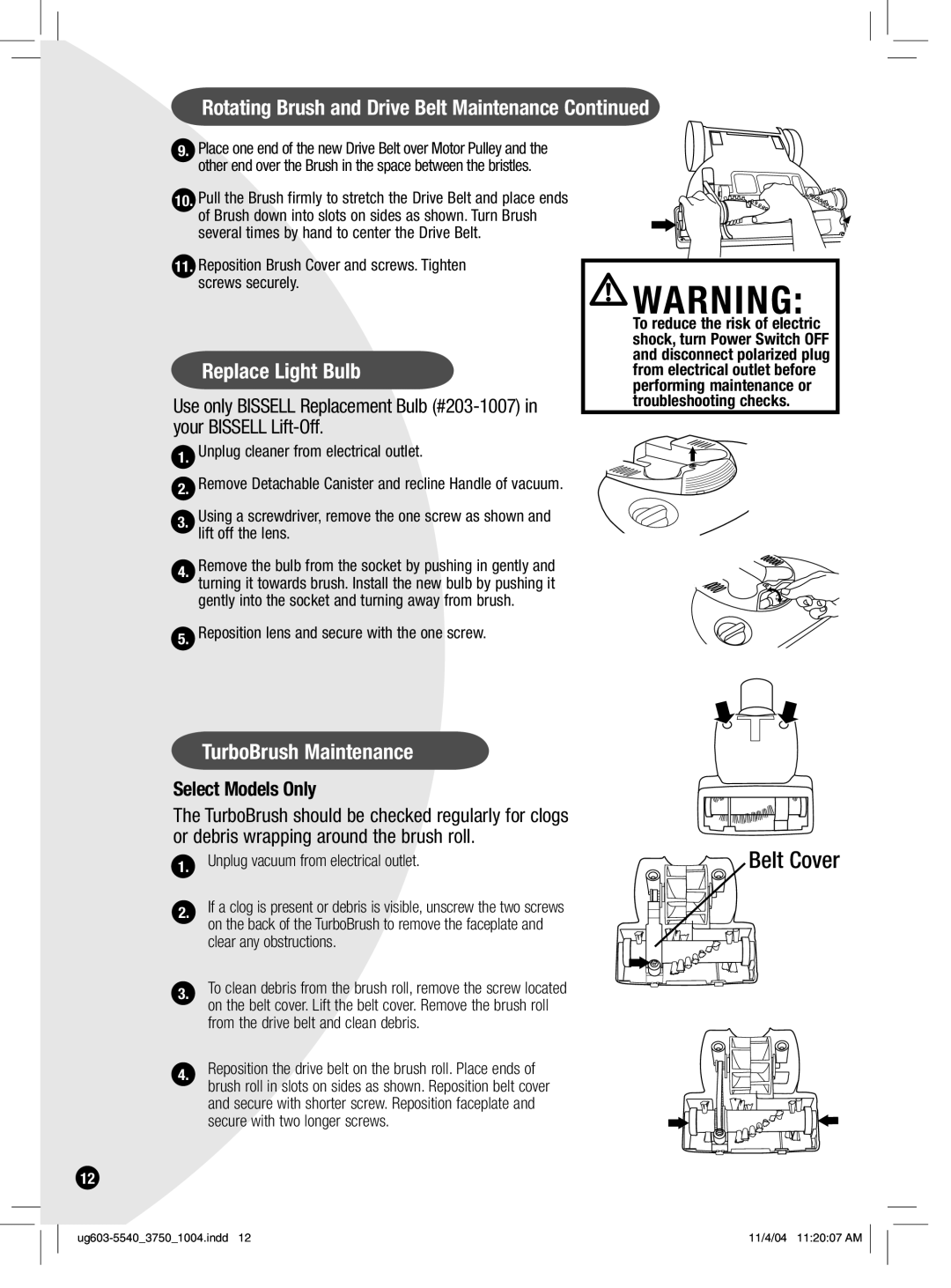 Bissell 3750, 6595, 6801 warranty Rotating Brush and Drive Belt Maintenance, Replace Light Bulb, TurboBrush Maintenance 