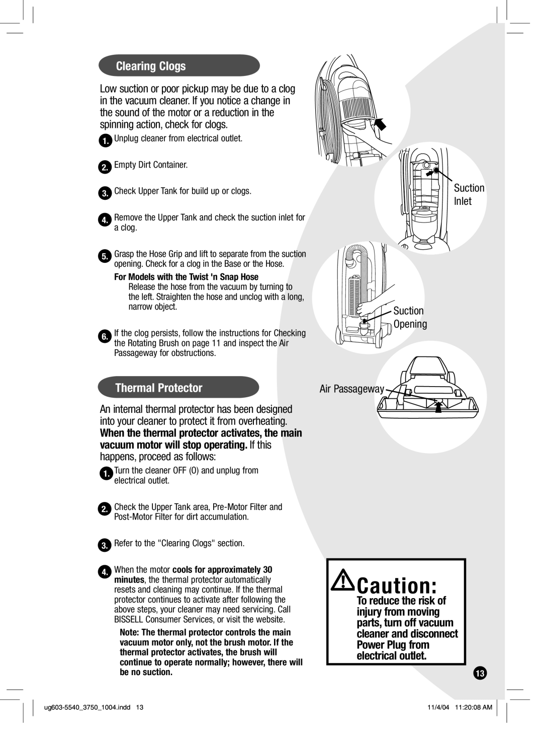 Bissell 3750, 6595, 6801 warranty Clearing Clogs, Thermal Protector, Suction Opening Air Passageway 