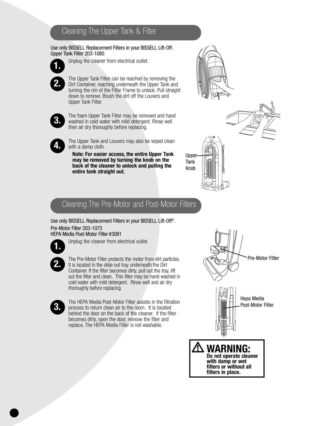 Bissell 3750, 6595 Cleaning The Upper Tank & Filter, Cleaning The Pre-Motor and Post-Motor Filters, With a damp cloth 