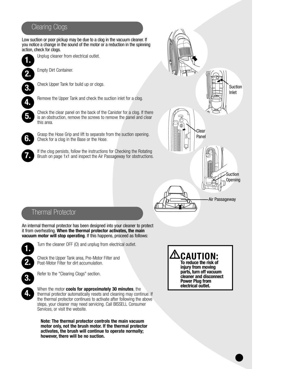 Bissell 3750, 6595 warranty Clearing Clogs, Thermal Protector, Check for a clog in the Base or the Hose 