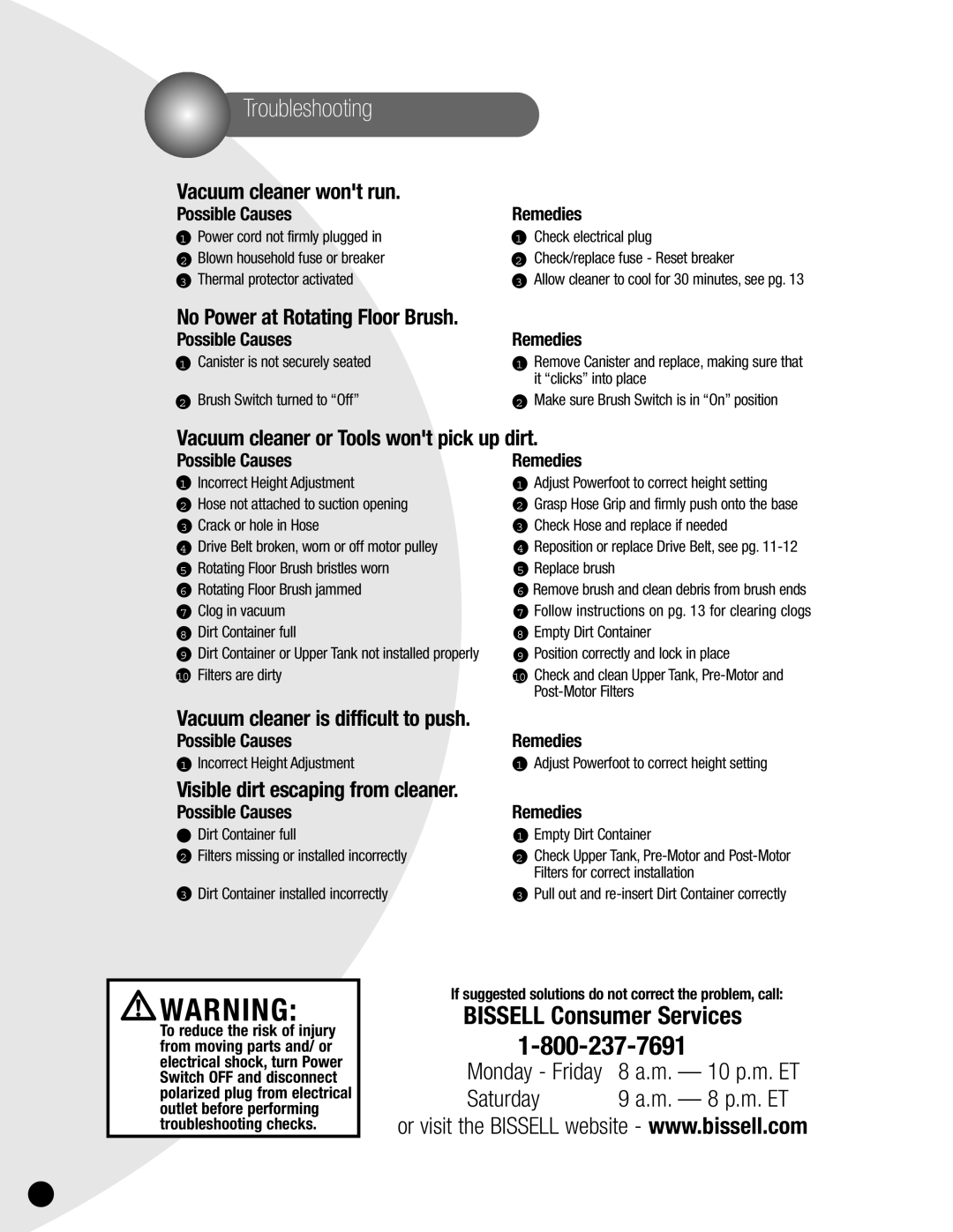 Bissell 3750, 6595 warranty Troubleshooting, Canister is not securely seated Brush Switch turned to Off 