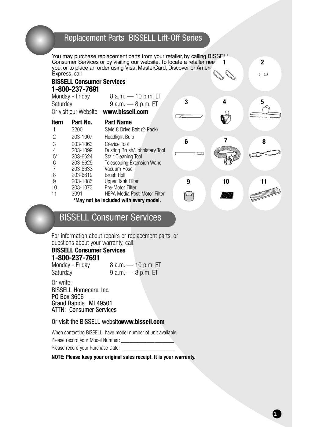 Bissell 3750, 6595 warranty M. 8 p.m. ET, Please record your Purchase Date, M. 10 p.m. ET 