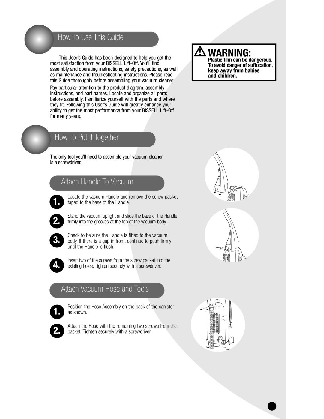 Bissell 3750, 6595 How To Use This Guide, How To Put It Together, Attach Handle To Vacuum, Attach Vacuum Hose and Tools 