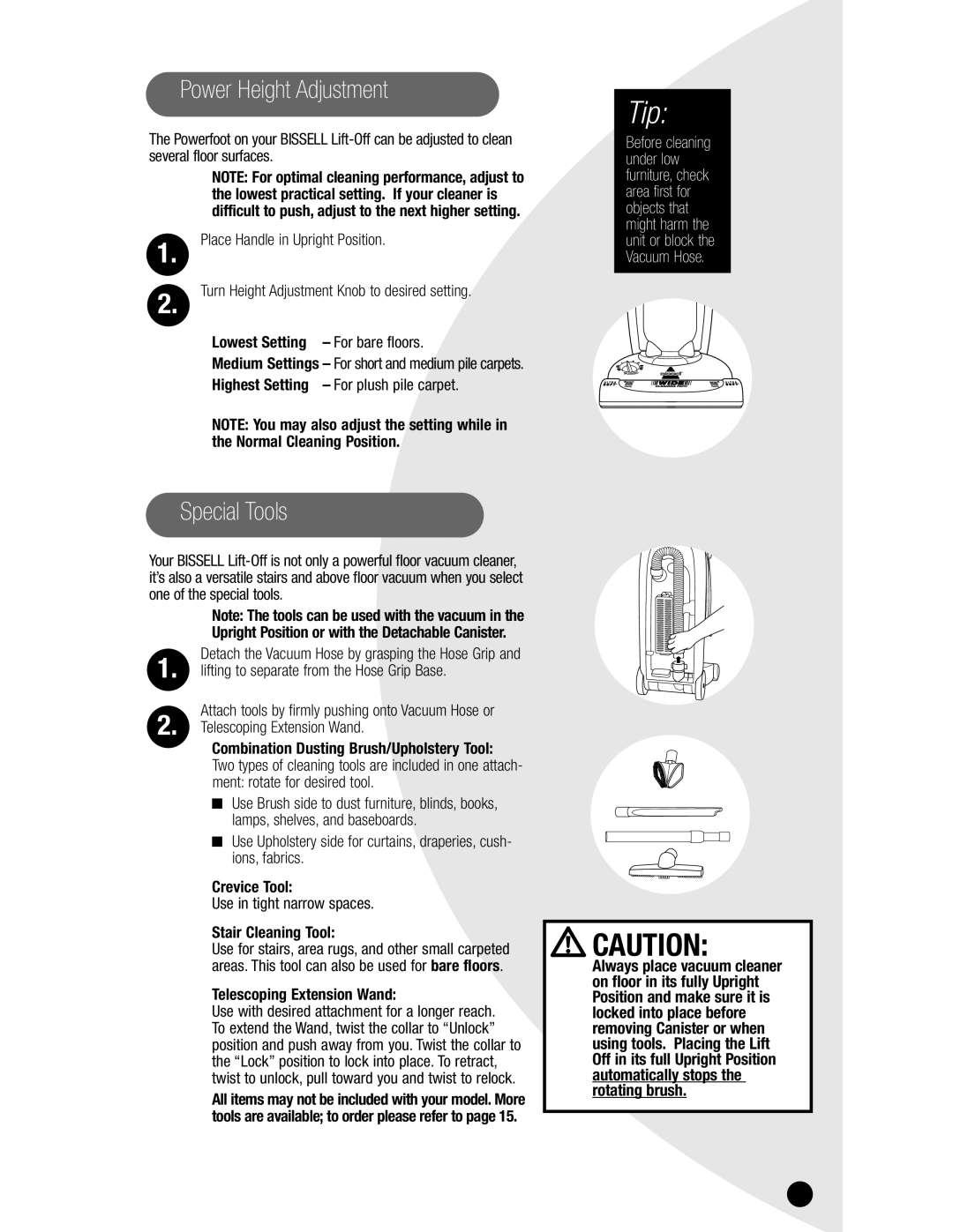 Bissell 3750, 6595 warranty Power Height Adjustment, Special Tools 