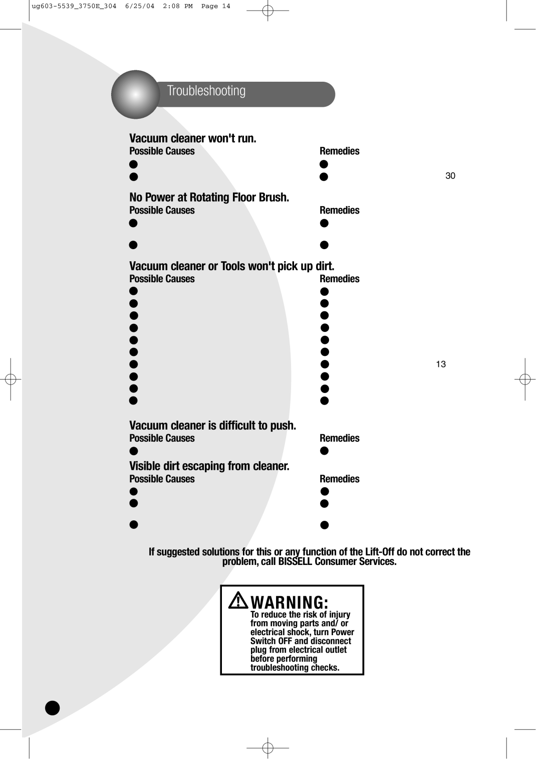 Bissell 3750 warranty Troubleshooting 