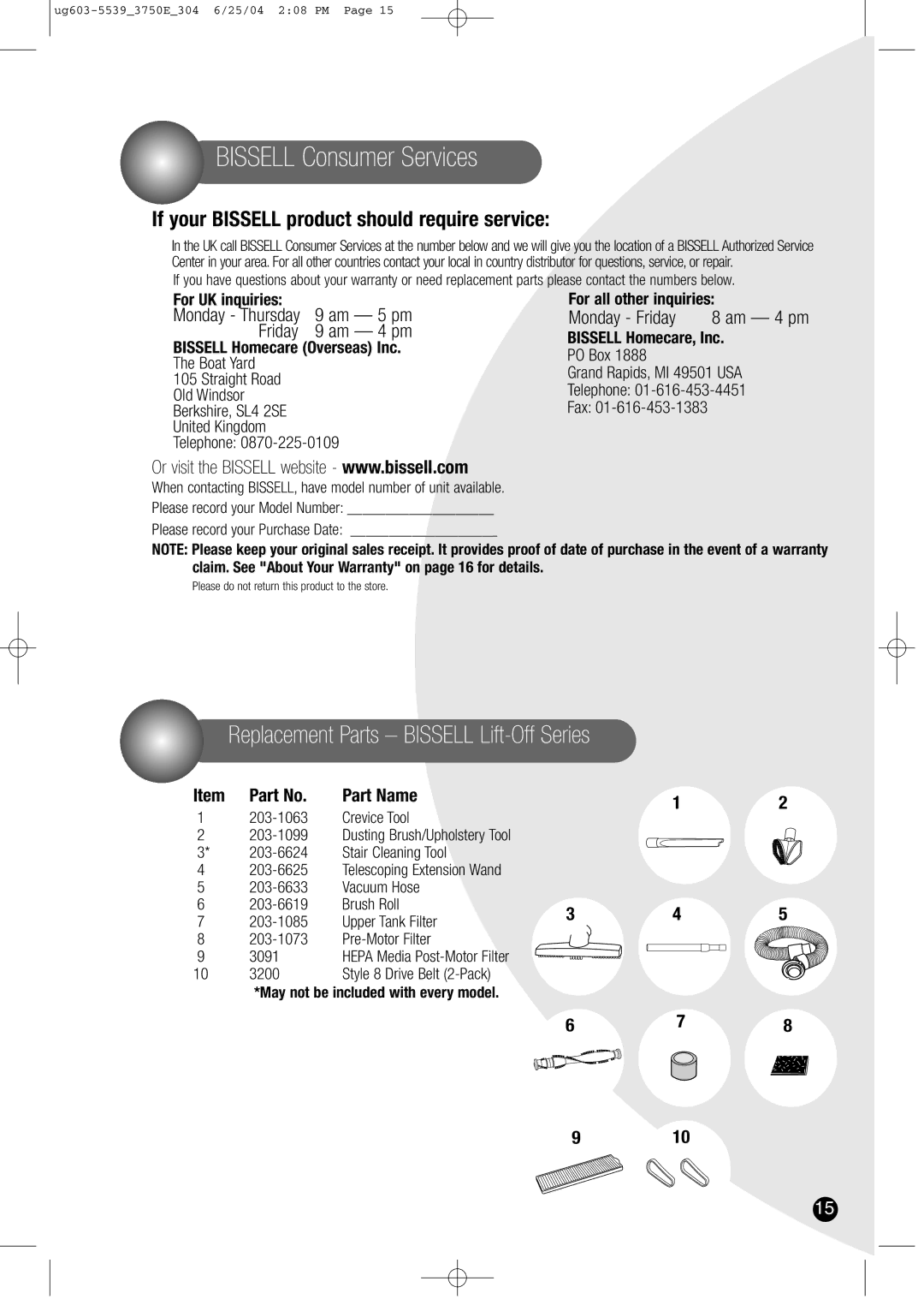 Bissell 3750 warranty Replacement Parts Bissell Lift-Off Series, If your Bissell product should require service 