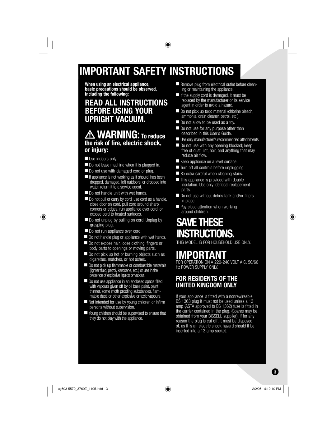 Bissell 3760 warranty Important Safety Instructions, Risk of fire, electric shock, or injury 