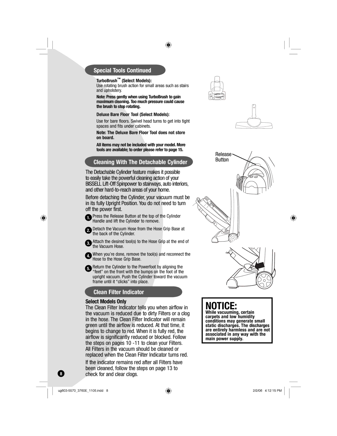 Bissell 3760 warranty Clean Filter Indicator, Release Button 