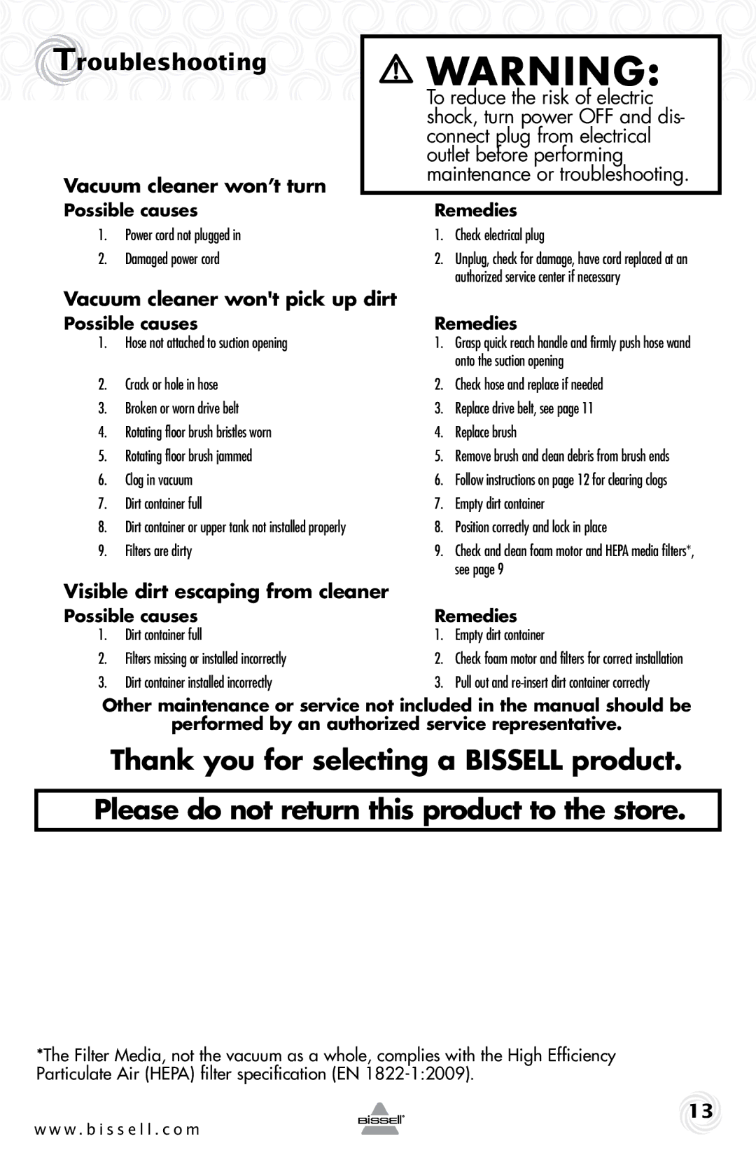 Bissell 37N1 warranty Troubleshooting, Vacuum cleaner won’t turn, Vacuum cleaner wont pick up dirt 