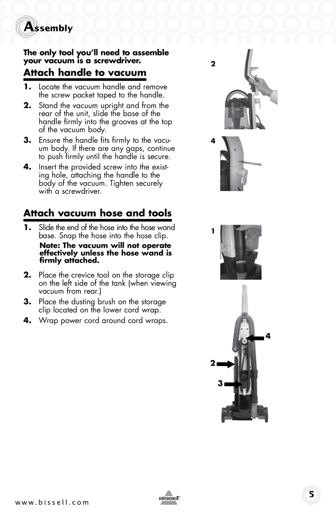 Bissell 37N1 warranty Attach handle to vacuum, Attach vacuum hose and tools, Assembly 