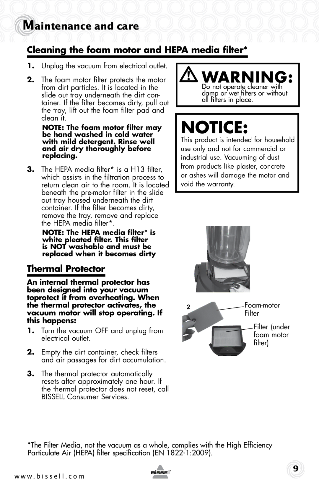 Bissell 37N1 warranty Cleaning the foam motor and Hepa media filter, Thermal Protector 