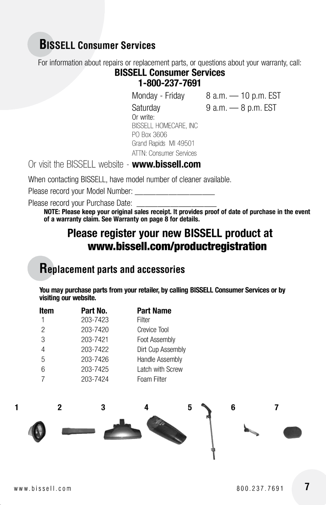 Bissell 38B1 warranty Bissell Consumer Services, Replacement parts and accessories, 167, Part Name 