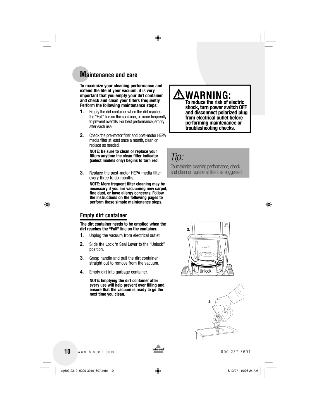 Bissell 3910, 6390 warranty Maintenance and care, Empty dirt container, Dirt reaches the Full line on the container, Unlock 