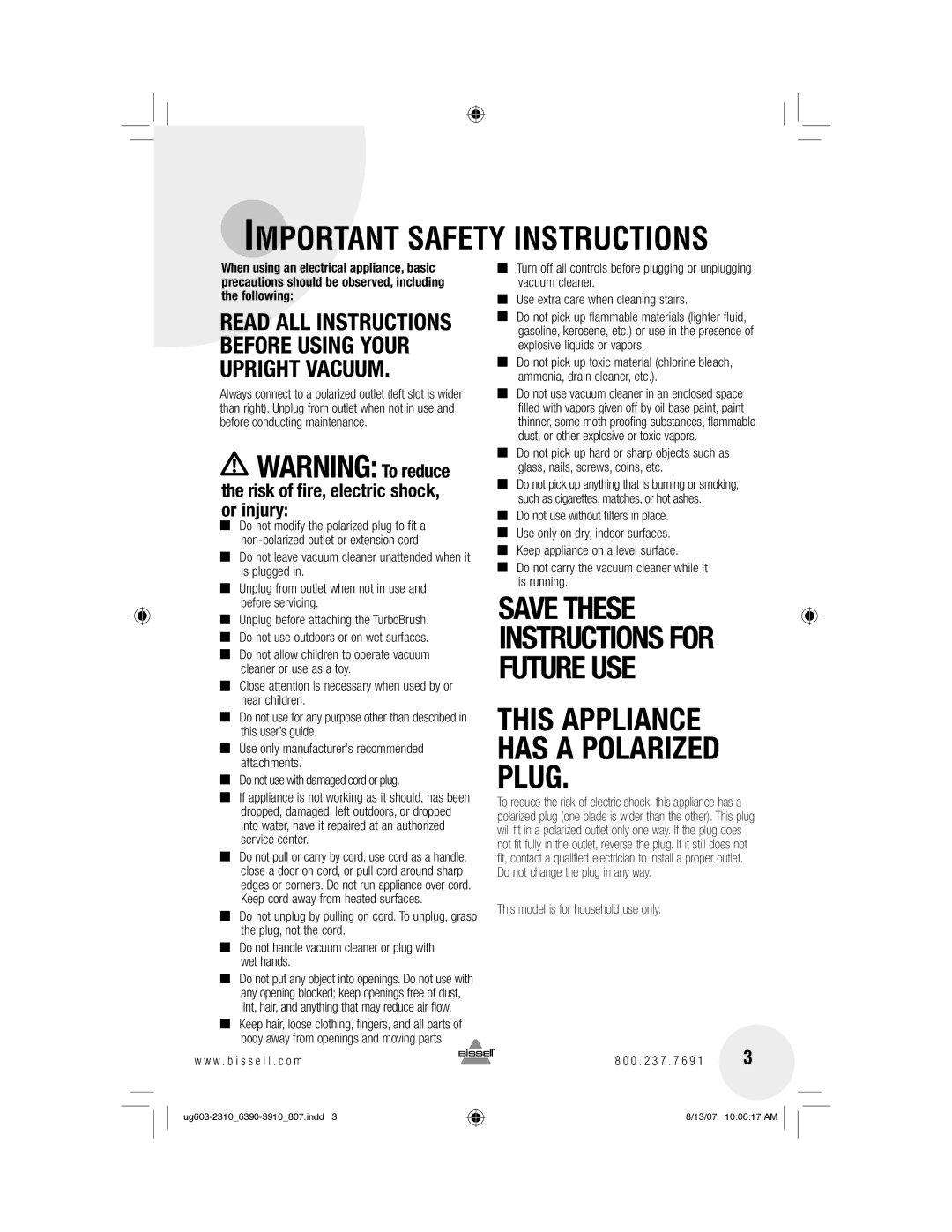 Bissell 6390, 3910 warranty Important Safety Instructions 