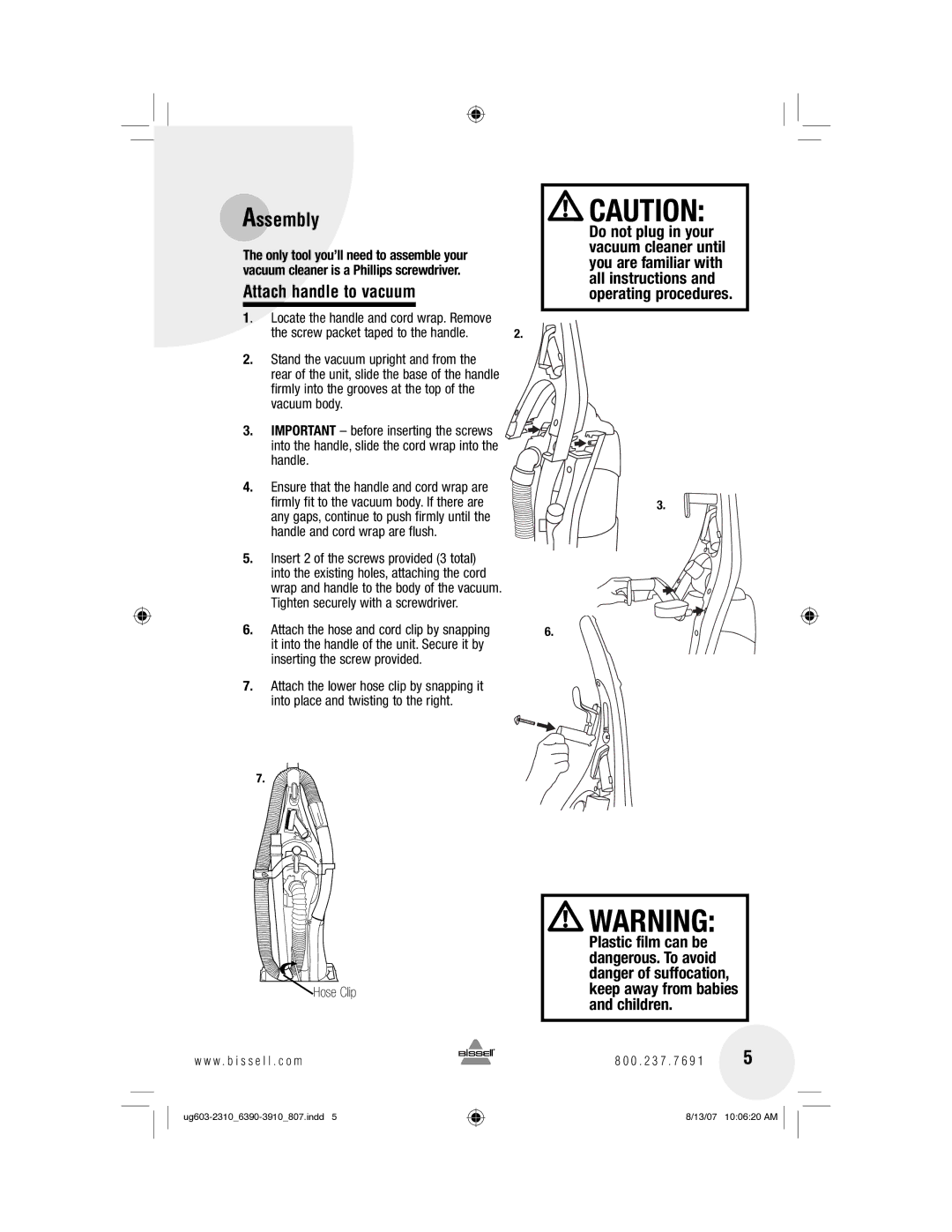 Bissell 6390, 3910 warranty Assembly, Attach handle to vacuum 