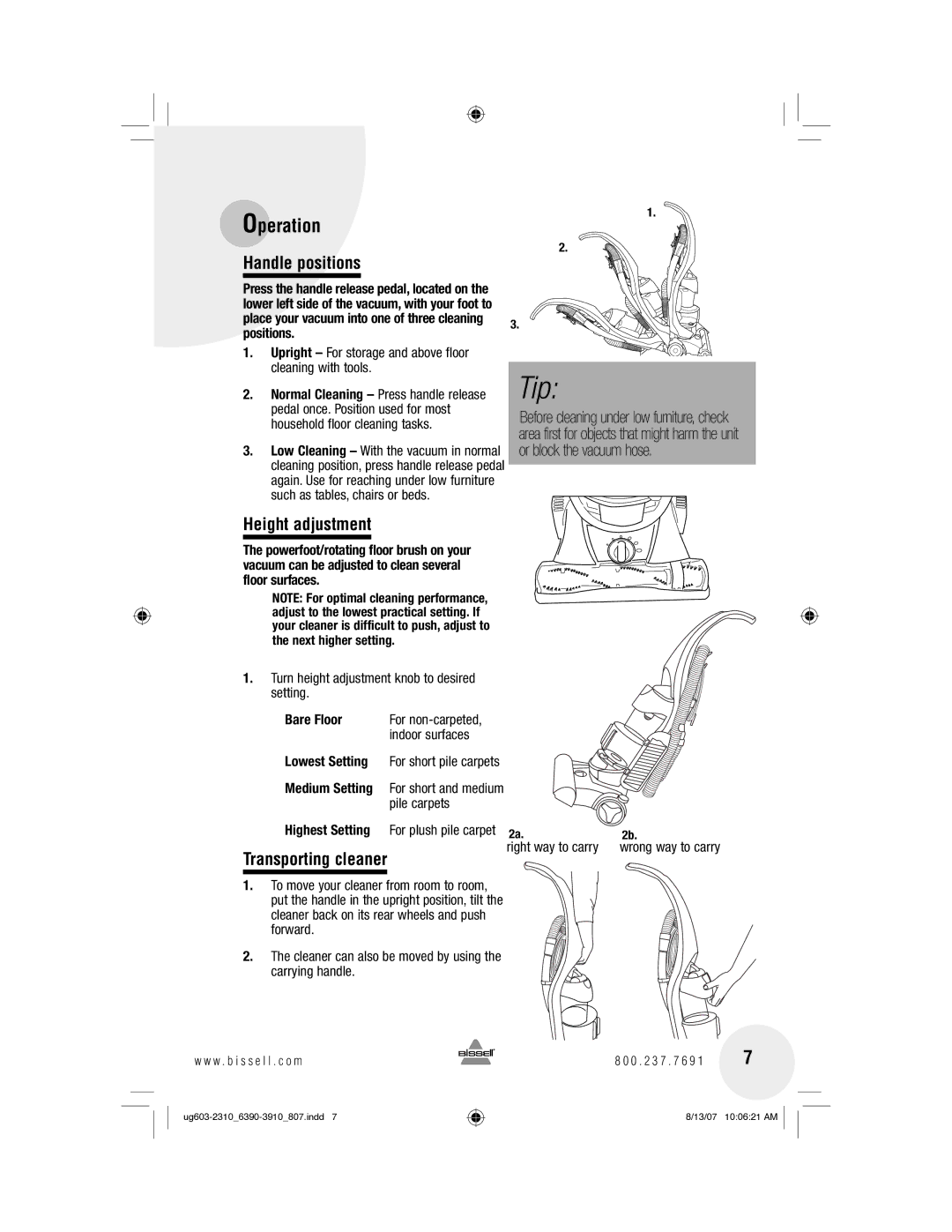 Bissell 6390, 3910 warranty Handle positions, Height adjustment, Transporting cleaner 