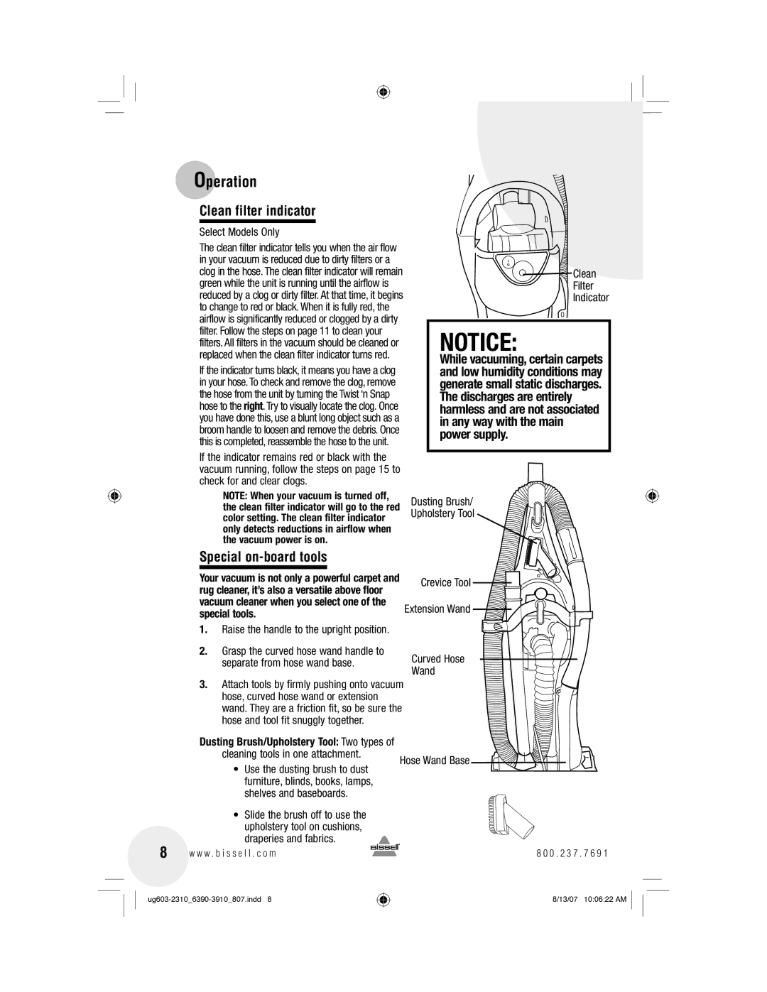 Bissell 3910, 6390 warranty Clean filter indicator, Special on-board tools, Special tools 