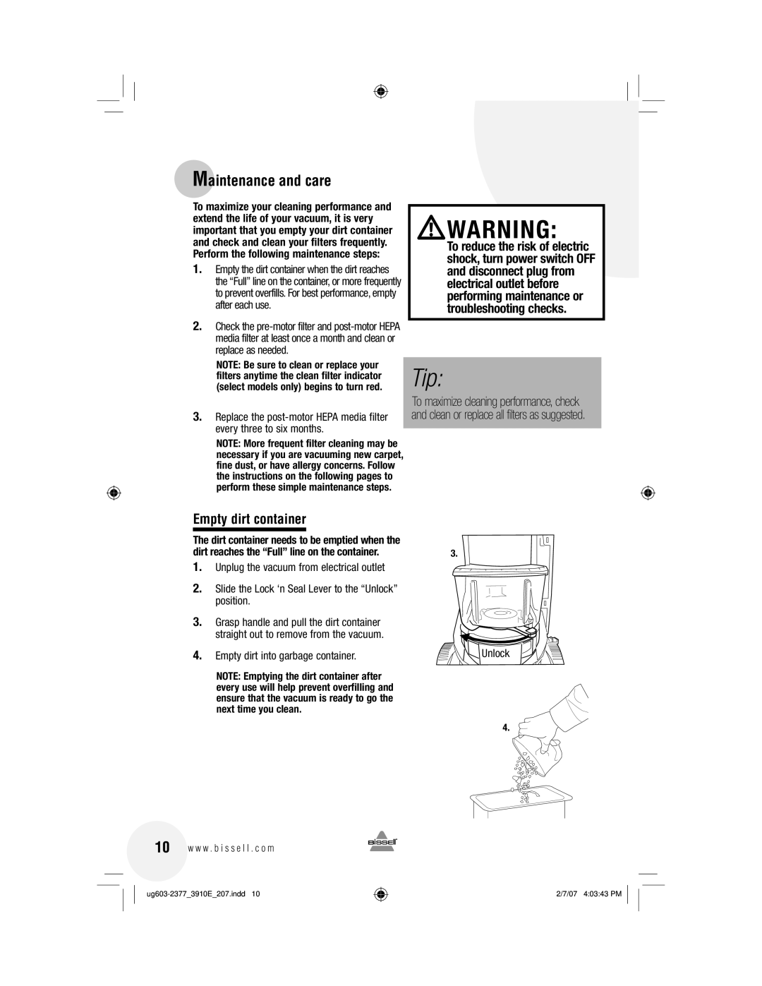 Bissell 3910 warranty Maintenance and care, Empty dirt container, Dirt reaches the Full line on the container, Unlock 