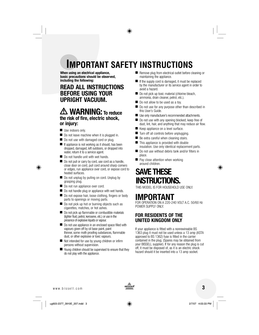 Bissell 3910 warranty Important Safety Instructions 