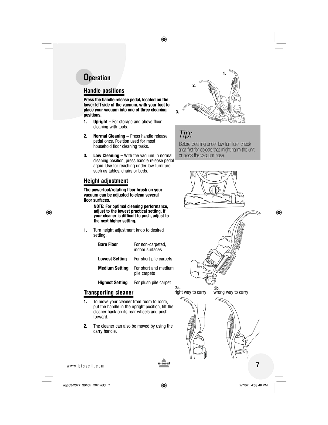 Bissell 3910 warranty Handle positions, Height adjustment, Transporting cleaner 