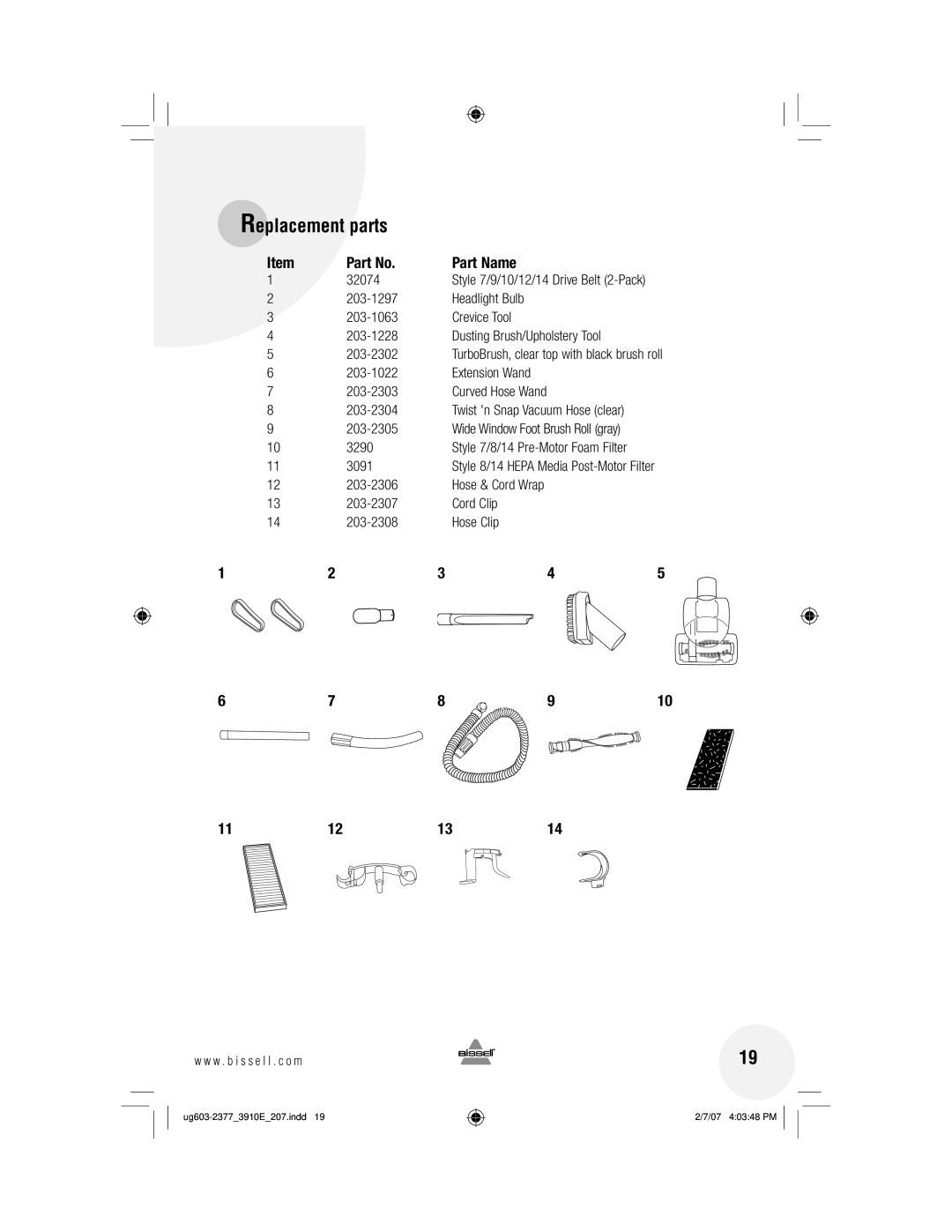 Bissell 3910 warranty Replacement parts, Part Name 