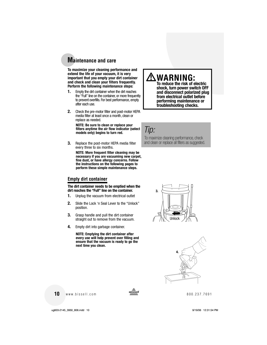 Bissell 3950 warranty Maintenance and care, Empty dirt container, Dirt reaches the Full line on the container, Unlock 