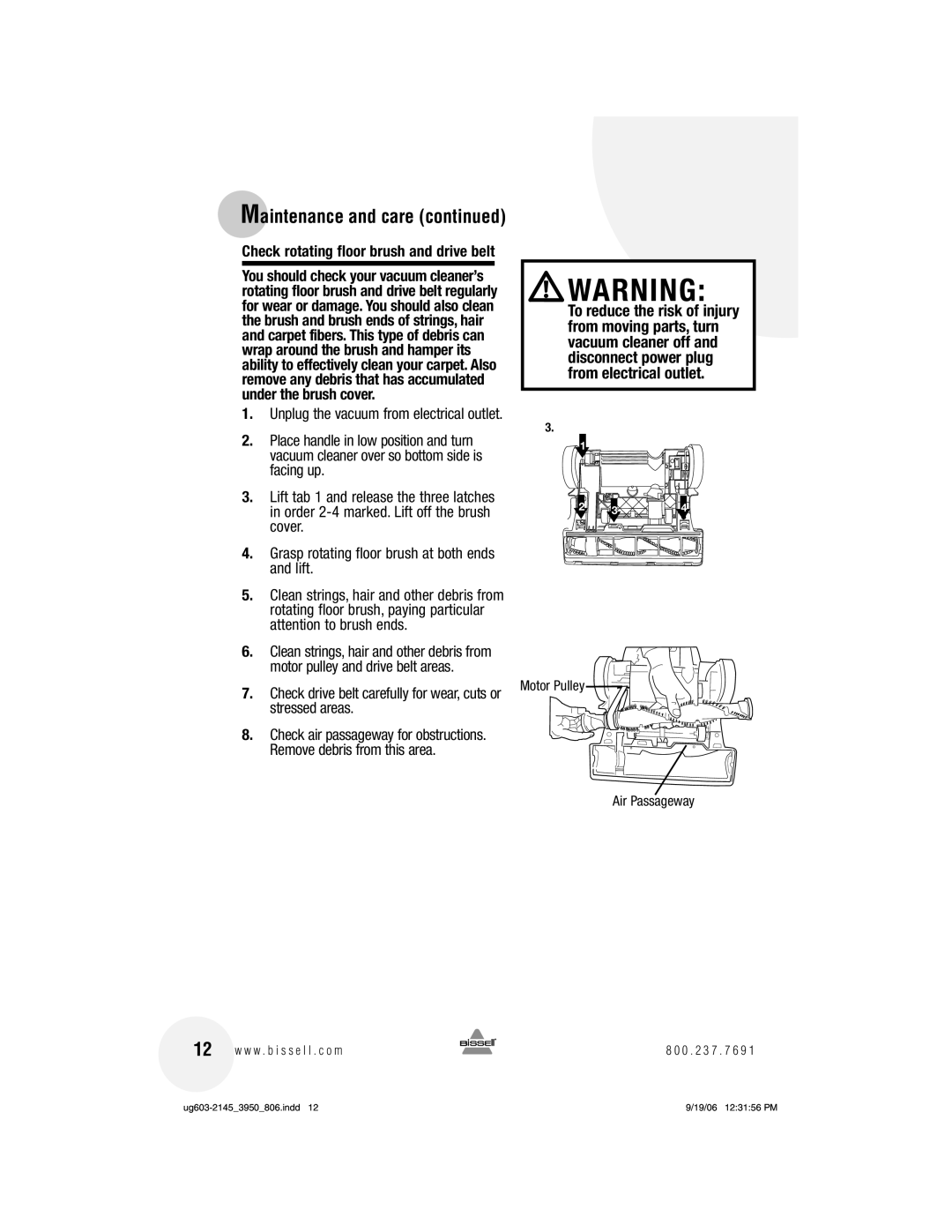 Bissell 3950 warranty Maintenance and care, Check rotating floor brush and drive belt, Motor Pulley, Air Passageway 