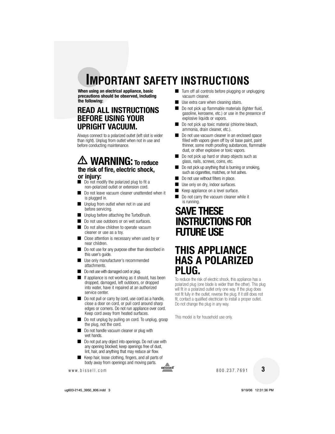 Bissell 3950 warranty Important Safety Instructions 