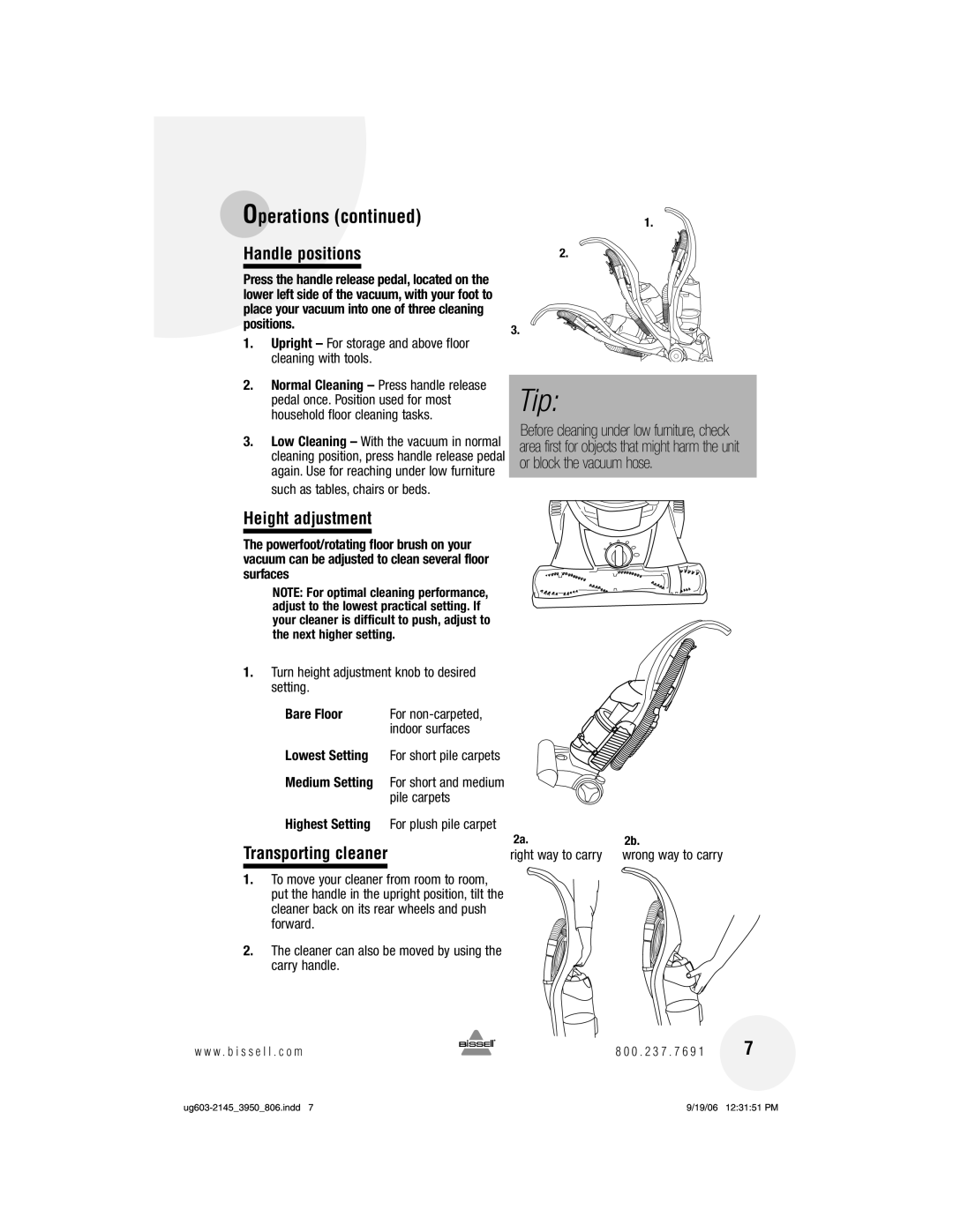 Bissell 3950 warranty Handle positions, Height adjustment, Transporting cleaner 