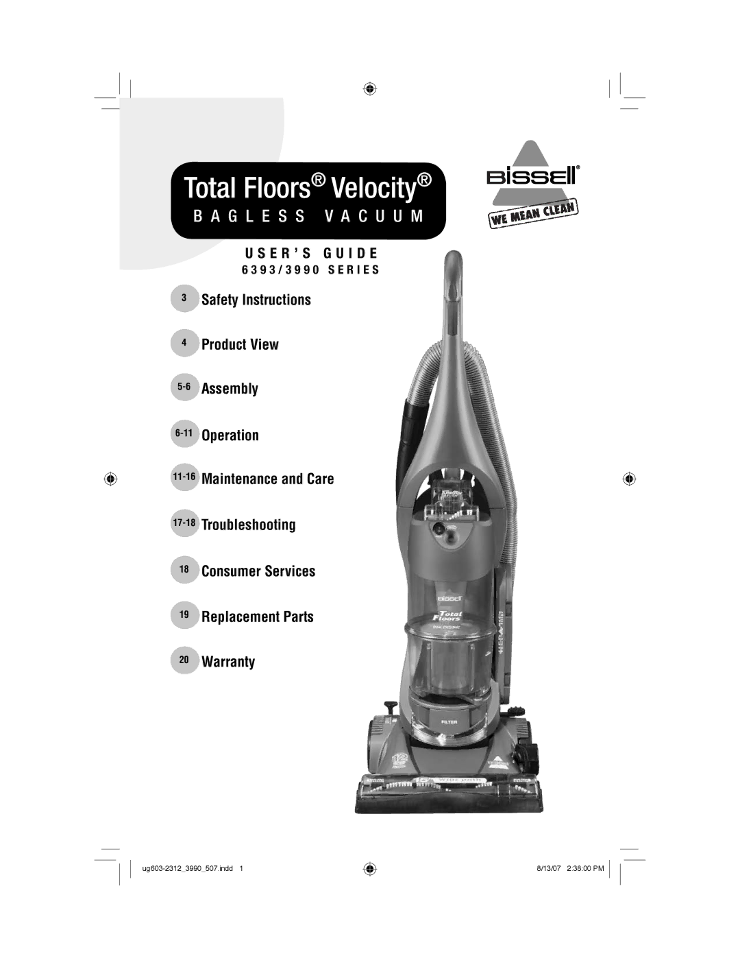 Bissell 3990 warranty Total Floors Velocity, 9 3 / 3 9 9 0 S E R I E S 