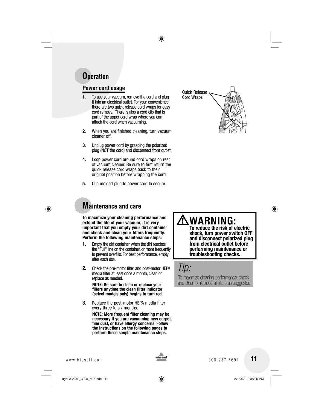 Bissell 3990 warranty Maintenance and care, Power cord usage 