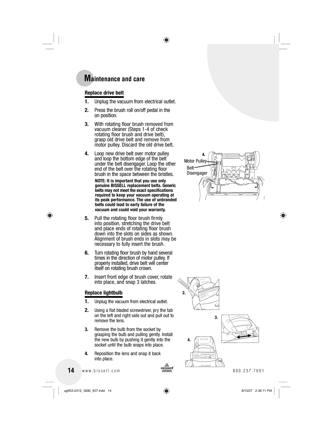 Bissell 3990 warranty Replace drive belt, Replace lightbulb 